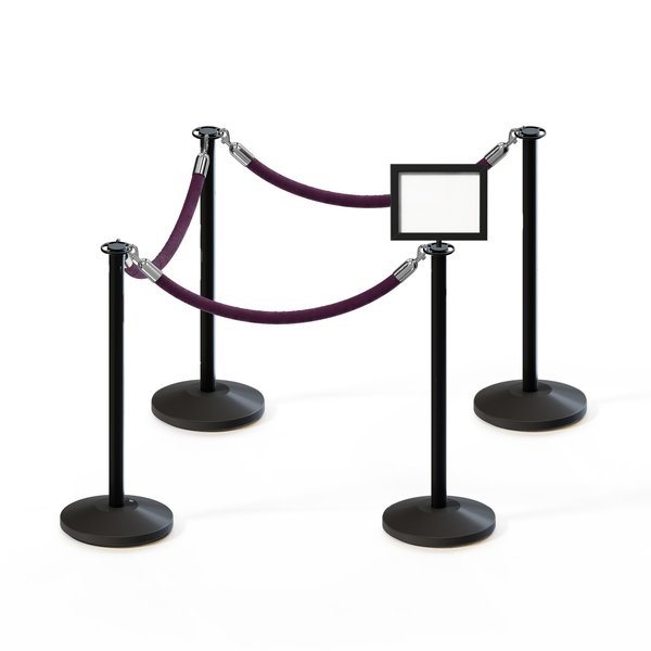 Montour Line Stanchion Post & Rope Kit Black 4FlatTop 3Purple Rope 8.5x11H Sign C-Kit-3-BK-FL-1-Tapped-1-8511-H-3-PVR-PE-PS